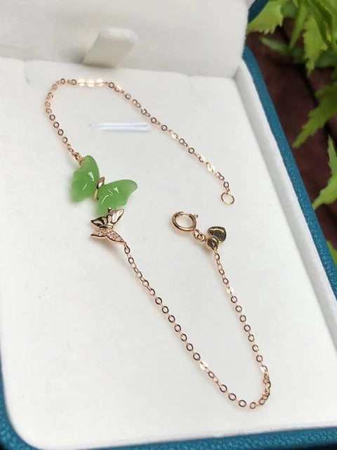 Gelang Kupu-kupu Hijau Apel Hetian Jasper Gelang Emas 18k Pengaturan Emas Giok bersih dan halus dan hangat Ukuran 12 * 10 * 3.5mm Termasuk Pajak Pengiriman