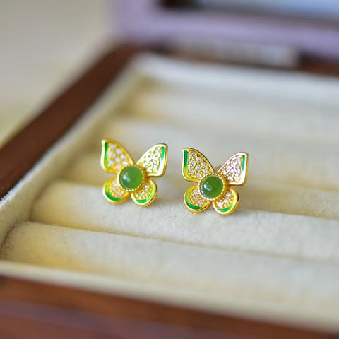 12397-2 Anting-anting Anting Kupu-kupu Enamel Jasper Alami 925 perak bertatahkan Giok yang bersih dan halus serta hangat Ukuran 4mm Sudah termasuk pajak pengiriman