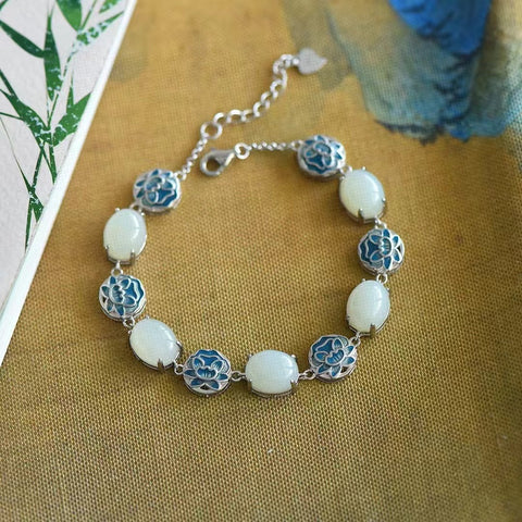 6049 Gelang Enamel Bunga Teratai Giok Hetian Giok Alami & Gelang 925 Gaya Hias Perak Sudah termasuk pajak pengiriman.