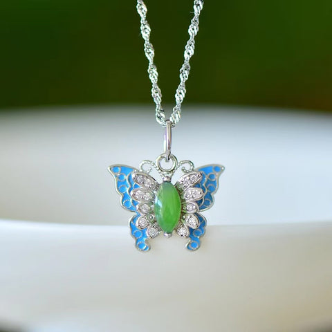 10848 Set Kalung Kupu-kupu Enamel Jasper Alami dari Giok Perak 925 bersih dan halus Gaya asli dan unik Termasuk pajak pengiriman