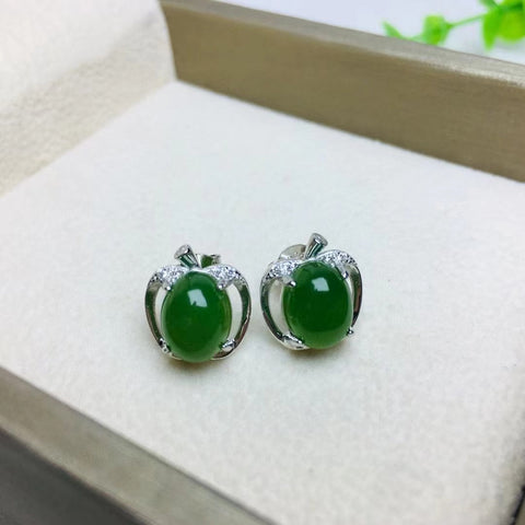 Anting-Anting Apel Jasper Alami 925 pengaturan perak Ukuran 7 * 9mm Giok halus dan hangat, pengerjaan yang sangat indah Pengiriman dan pajak sudah termasuk.