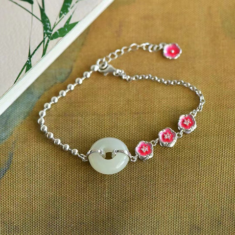 Gelang Enamel Giok Hotan Giok Plum Blossom 925 Tatahan Perak & Gelang Giok Bersih, halus, dan hangat Sudah termasuk pajak pengiriman