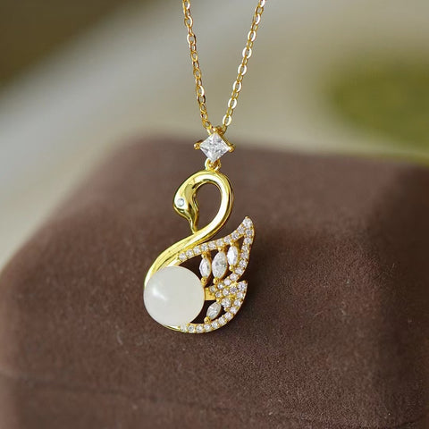 3415-2 Kalung Angsa Giok Hetian Giok Alami Ukuran 8 * 8mm Set dalam Gaya Perak 925 Termasuk pajak pengiriman