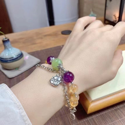 Gelang Citrine Alami dengan Batu Kecubung + Giok Ciu + Aksesori Perak Tibet Ukuran 9mm Sudah termasuk pajak pengiriman.