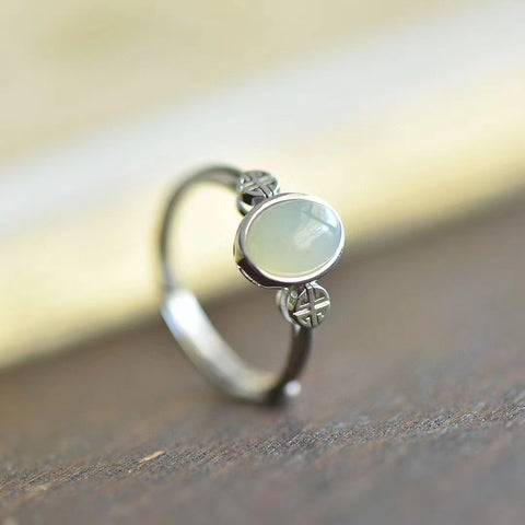 9396 Set Cincin Fukushou Ankang Giok Hetian Giok Alami dari Perak 925 Ukuran 6 * 8mm Giok bersih, halus dan hangat, gaya yang indah.