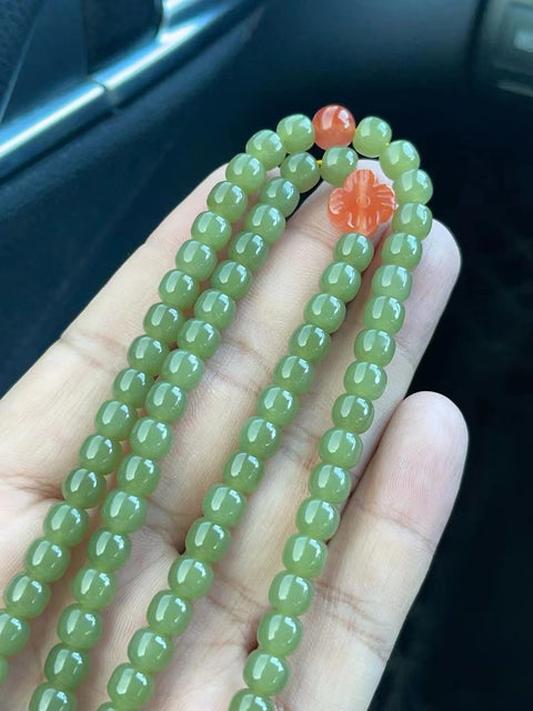 Kalung Giok Hetian Alami & Gelang & Kalung Ukuran 6 * 7mm 108 Potongan dengan Nan Hong + Giok Lilin Lebah bersih, halus dan hangat.