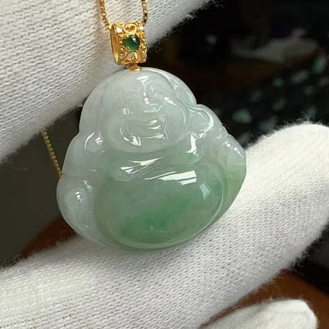 Kalung Buddha Maitreya Lengket Es Batu Giok Alami 18k Pengaturan Emas 18k Pencocokan Rantai Perak 925 Ukuran 27,5 * 23mm Sudah Termasuk Pajak Pengiriman