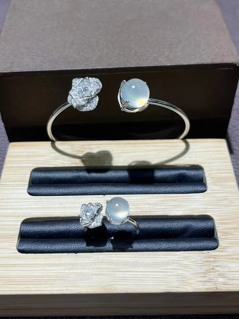 Gelang + Cincin Set Batu Giok Alam dengan bahan 925 Perak.