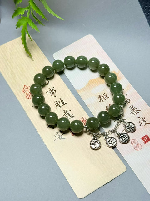 Gelang Oriental Giok Hetian, nuansa kehijauan ukuran 10 mm. Gratis ongkos kirim dan pajak.
