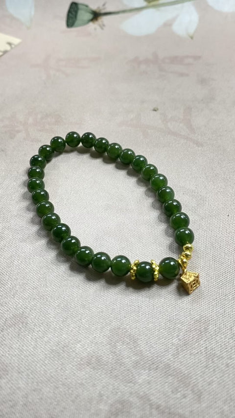 Gelang giok Hetian – nefrit yang indah, dipadukan dengan aksesoris perak yang istimewa – Ukuran: 6mm, gratis ongkos kirim dan pajak.