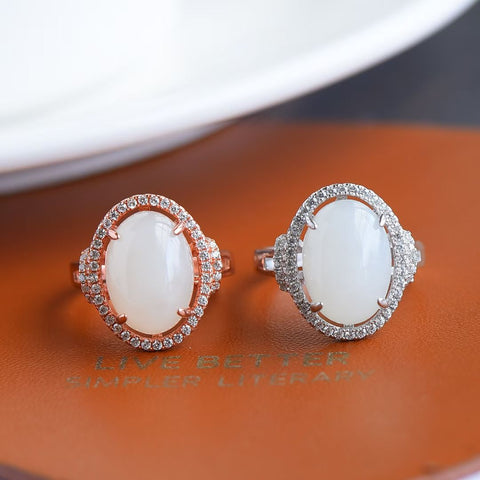 Cincin giok putih alami 💍 seri 💫 1268# Cincin giok cabochon putih Hetian bertatahkan perak 925, gratis ongkos kirim dan pajak.