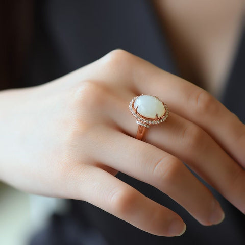 Cincin giok putih alami 💍 seri 💫 1268# Cincin giok cabochon putih Hetian bertatahkan perak 925, gratis ongkos kirim dan pajak.