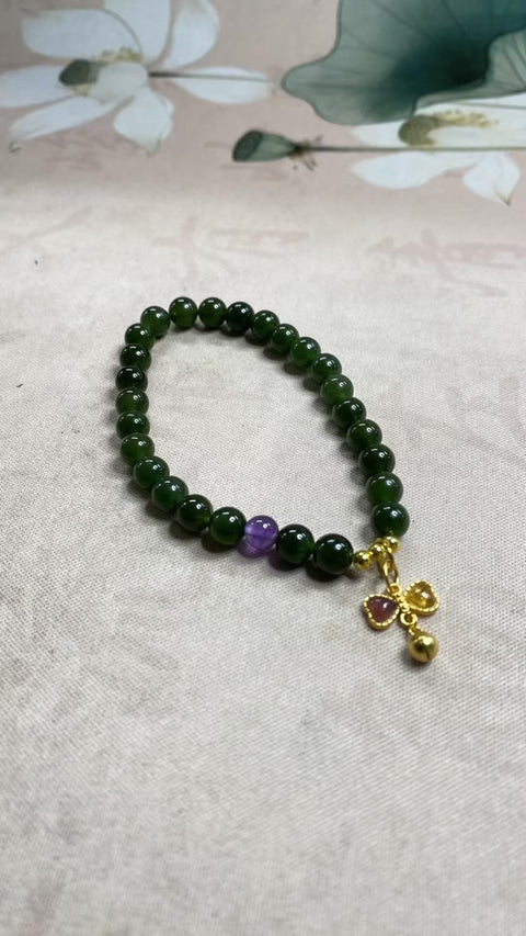 Gelang giok Hetian – nefrit yang indah, dipadukan dengan aksesoris perak yang indah – Ukuran: 6mm, gratis ongkos kirim dan pajak.