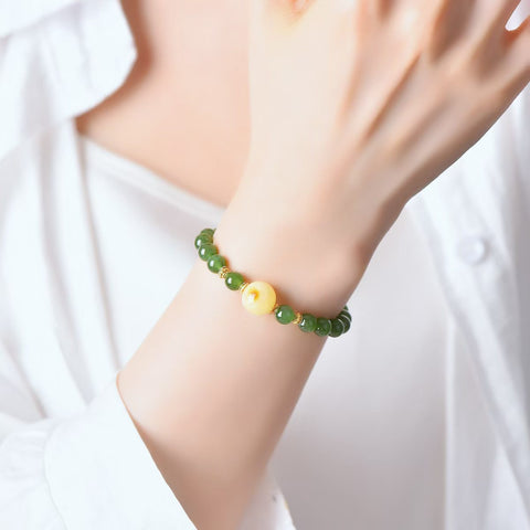 Gelang Giok Hetian Spinach & Beeswax dengan Aksen Perak S925 3386# 6mm. Gratis ongkos kirim dan pajak.