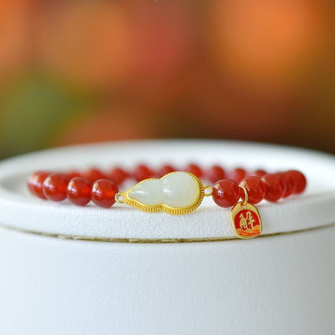 8856-6# Perak bertatahkan manik-manik akik merah 6mm dan dipadukan dengan gelang giok putih Hetian "Kebahagiaan Ganda". Gratis ongkos kirim dan pajak.