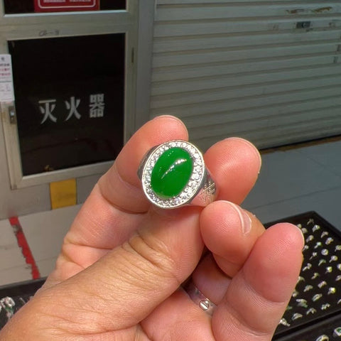 Giok alami kelas A, perak sterling S925, hijau es, cincin hijau penuh, pas sempurna, desain dapat disesuaikan, batu 13/9,5 mm, termasuk ongkos kirim dan pajak.