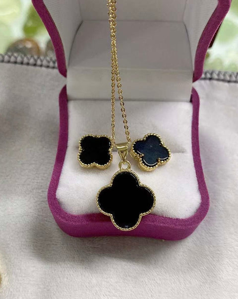 Satu Set Kalung dan Anting Batu Kalsedon Hitam Perak 925 Berwarna, Gratis ongkir dan pajak