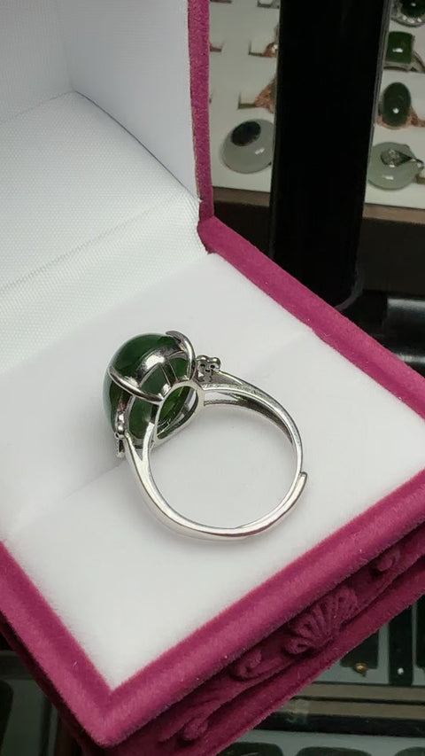 Baru! Cincin Mewah Hetian Jade Jasper Old Mine Bahan: Bayam Hijau 925 Tatahan Perak Mulut Hidup Ukuran: Kira-kira: 18×13 mm, batu alam terbentuk secara alami, pola acak, gratis ongkos kirim dan pajak