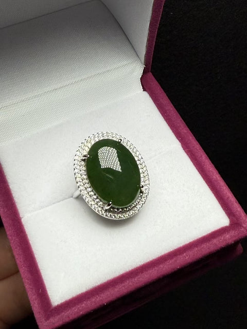 Baru! Cincin Mewah Hetian Jade Jasper Old Mine Bahan: Bayam Hijau 925 Tatahan Perak Mulut Hidup Ukuran: Kira-kira: 18×13 mm, batu alam terbentuk secara alami, pola acak, gratis ongkos kirim dan pajak