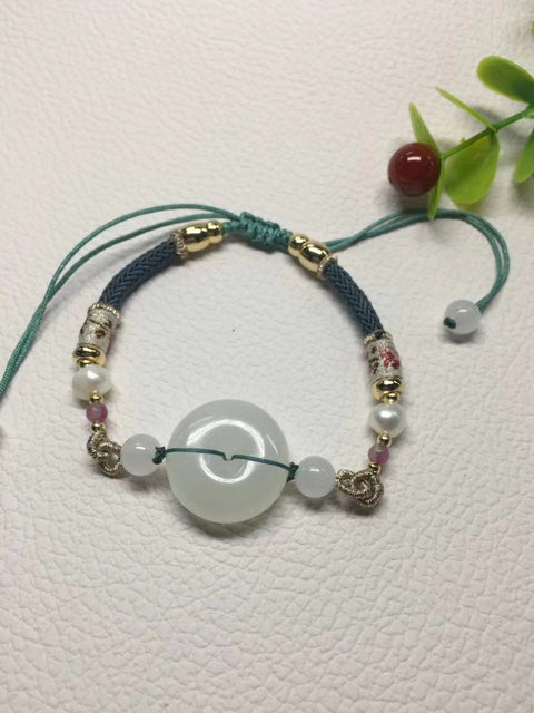 Gelang Gesper Perdamaian Giok Hotan Jade dengan Mutiara Alami Ukuran 18 * 5mm Termasuk Pajak Pengiriman