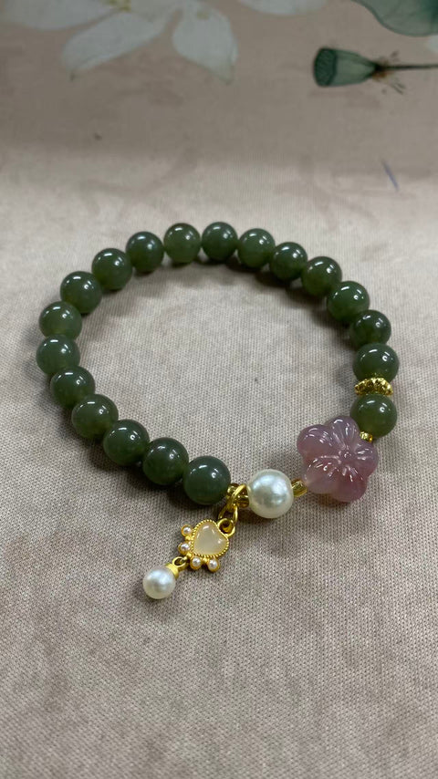 Gelang Jasper Alami dengan Mutiara dan Giok Merah Ukuran 8mm yang halus dan hangat, gaya yang indah, sudah termasuk pajak pengiriman.