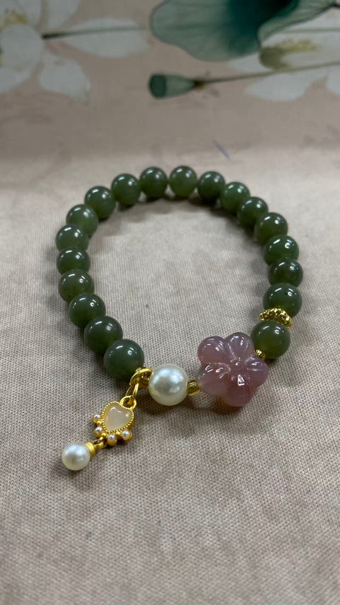 Gelang Jasper Alami dengan Mutiara dan Giok Merah Ukuran 8mm yang halus dan hangat, gaya yang indah, sudah termasuk pajak pengiriman.