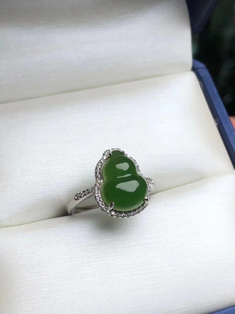 Hotan Jade Jasper "Cincin Labu Berharga" bertatahkan perak 925, gaya baru dan unik 🌱Warna hijau tua🌱Modis dan serbaguna ~ Ukuran: 13×10㎜ Gratis ongkir dan pajak