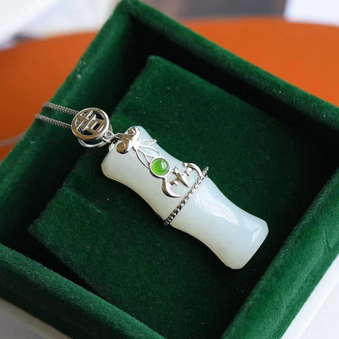4053 Kalung Bambu Giok Hetian Alami 925 Tatahan Perak Ukuran 11 * 33mm Giok halus dan hangat.