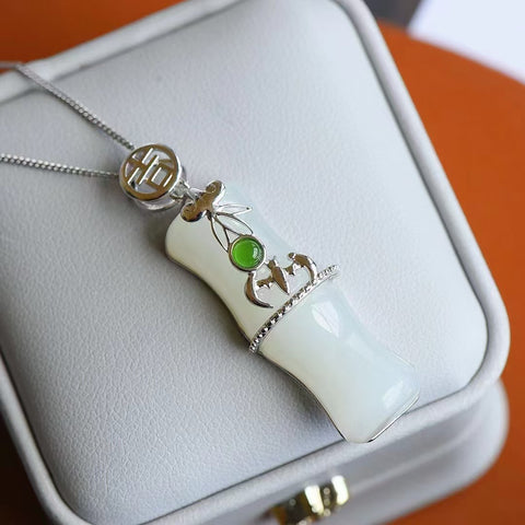 4053 Kalung Bambu Giok Hetian Alami 925 Tatahan Perak Ukuran 11 * 33mm Giok halus dan hangat.