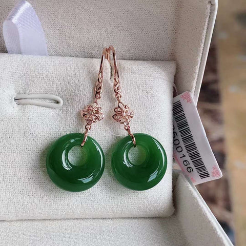 Anting Jasper Hijau Bulat, Emas 18k, Giok 15mm Item giok dihasilkan secara alami dengan pola acak, gratis ongkos kirim dan pajak