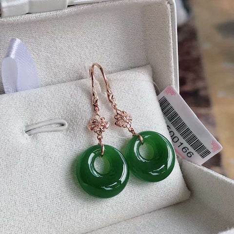 Anting Jasper Hijau Bulat, Emas 18k, Giok 15mm Item giok dihasilkan secara alami dengan pola acak, gratis ongkos kirim dan pajak