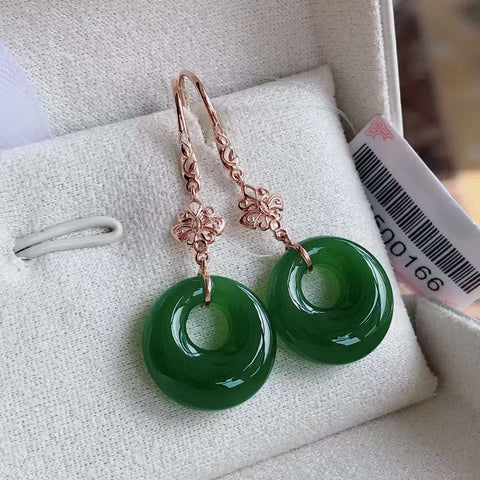 Anting Jasper Hijau Bulat, Emas 18k, Giok 15mm Item giok dihasilkan secara alami dengan pola acak, gratis ongkos kirim dan pajak