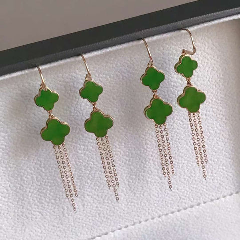 Anting jasper semanggi berdaun empat 🍀 8/10mm, bertatahkan emas 18k