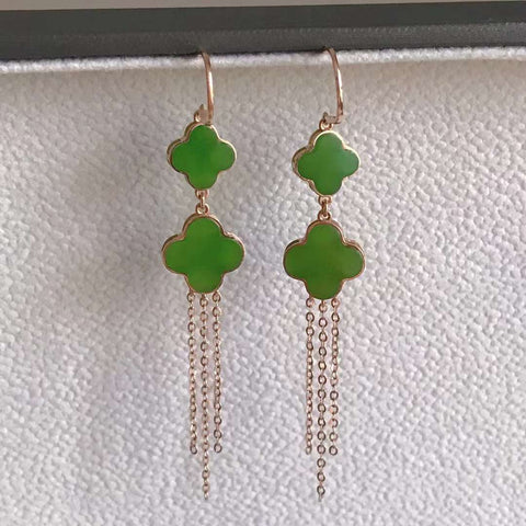 Anting jasper semanggi berdaun empat 🍀 8/10mm, bertatahkan emas 18k
