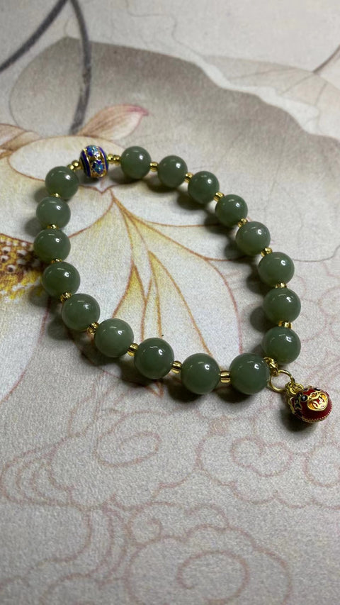 Gelang Giok Hetian Alami dengan aksesoris cantik Manik-manik Giok Bulat Ukuran 9,5 mm Sudah Termasuk Pajak Pengiriman