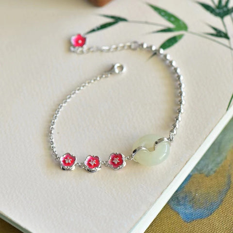 Gelang Enamel Giok Hotan Giok Plum Blossom 925 Tatahan Perak & Gelang Giok Bersih, halus, dan hangat Sudah termasuk pajak pengiriman