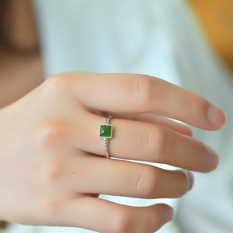 11514-1 Set Cincin Persegi Jasper Alami dari Perak 925 Ukuran 5 * 5mm Gaya Giok Halus Sudah termasuk pajak pengiriman.