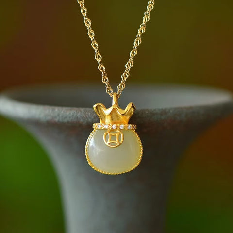 3397-2 Kalung Tas Uang Giok Hetian Giok Alami 925 Tatahan Perak Ukuran 10 * 12mm Giok baik-baik saja dan hangat Sudah termasuk pajak pengiriman.