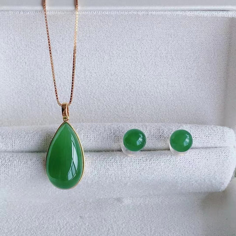 Anting Set Jasper Alami + Kalung Gaya Sederhana dan elegan dengan pengaturan emas 18 karat Giok yang bersih dan halus Kalung 10 * 18mm Anting-anting 6mm Rantai 925 berwarna perak Sudah termasuk ongkos kirim dan pajak