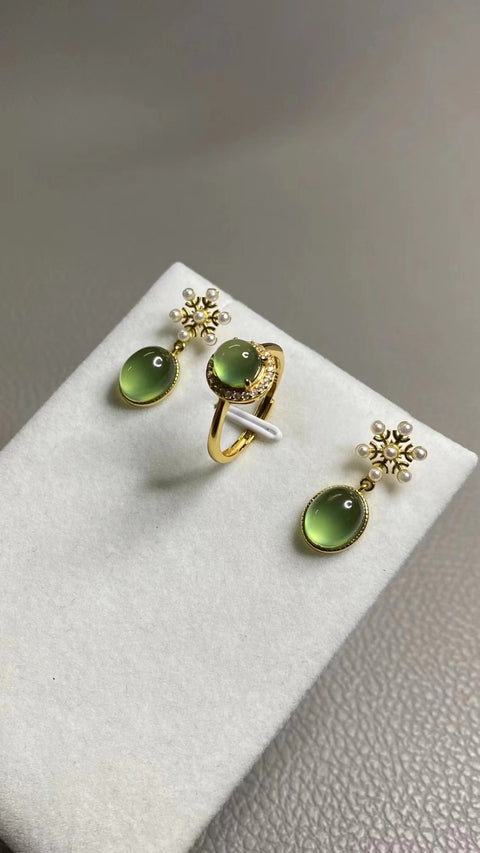 Set Es & Air Giok Cui Alami dalam Cincin Perak 925 Cincin 6.6mm Anting-anting 8 * 10mm Giok bersih, halus dan hangat Termasuk pajak pengiriman