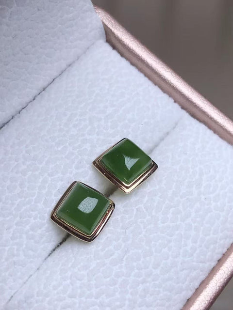Anting-anting Pejantan Persegi Jasper Alami dalam Pengaturan Emas 18k Ukuran 6 * 4mm & nbsp; Giok itu halus dan hangat Termasuk ongkos kirim dan pajak