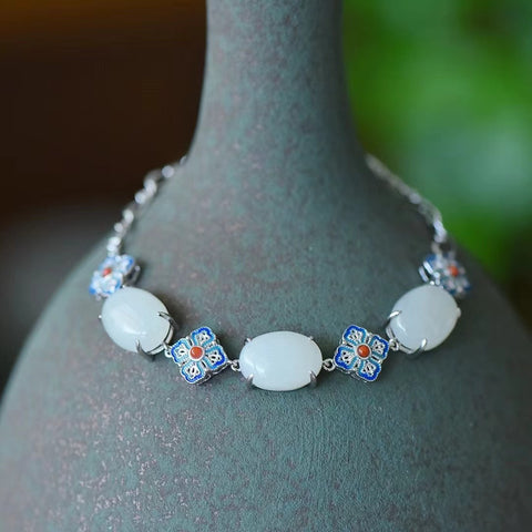 5811 Gelang Enamel Satu Sisi Giok Hetian Alami 925 Gelang Tatahan Perak Giok Hetian bersih dan halus, hangat dan bergaya Ukuran 10 * 14mm Sudah termasuk pajak pengiriman.