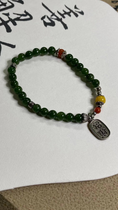 Gelang Giok Hetian Alami dari Perak Tibet Ukuran 6mm Giok bersih, halus dan hangat Termasuk pajak pengiriman.