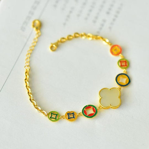 Gelang Semanggi Empat Daun Giok Hetian Jade Alami Giok yang halus dan hangat dengan pengaturan perak 925 sudah termasuk pajak pengiriman.