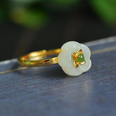 Cincin Bunga Giok Hetian Alami Giok bersih dan halus, terbuat dari perak 925, gayanya baru & nbsp; Sudah termasuk pajak pengiriman