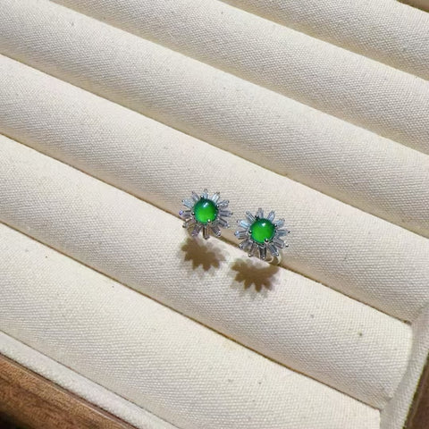 Cincin Bunga Matahari Jadeite Alami 925 Perak Pengaturan Ukuran 4mm Jade bersih dan halus, termasuk pajak pengiriman.