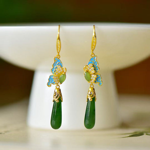 12417-3 Anting Enamel Kupu-Kupu Jasper Alami dari 925 Perak Ukuran 6 * 20mm Giok halus dan hangat, gaya yang indah ...