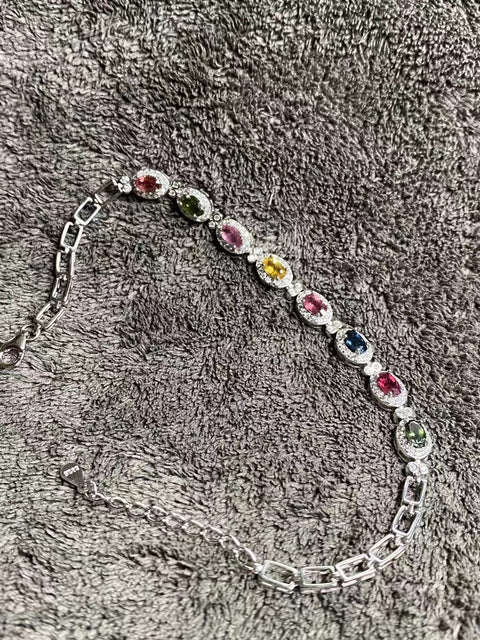 Gelang Turmalin Pelangi Brasil Alami Set dalam 925 Perak Warna Indah Ukuran 5 * 3mm Termasuk Pajak Pengiriman