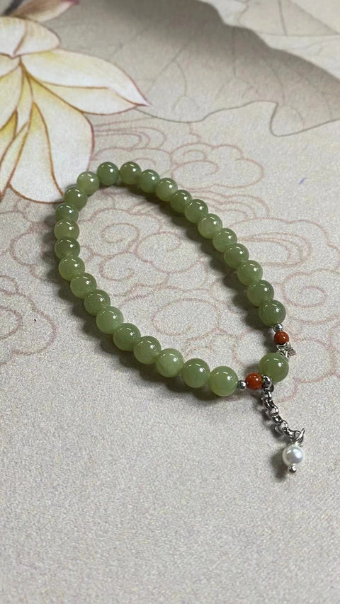 Gelang Giok Hetian Alami Ukuran 6mm Giok bersih, halus, dan hangat Termasuk pajak pengiriman.