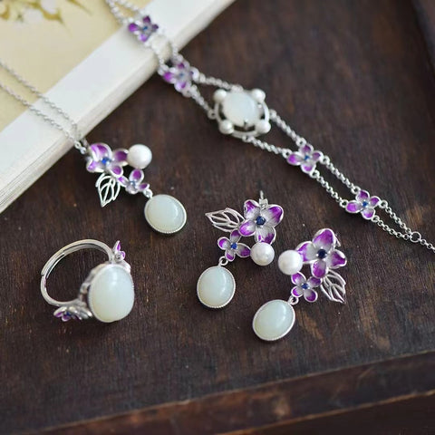 Set Giok Bauhinia Hetian Alami 925 Pengaturan Perak & Cincin 9558 + Anting 7713 + Gelang 8253 + Kalung 6574 Gaya yang indah dan batu giok yang bersih.
